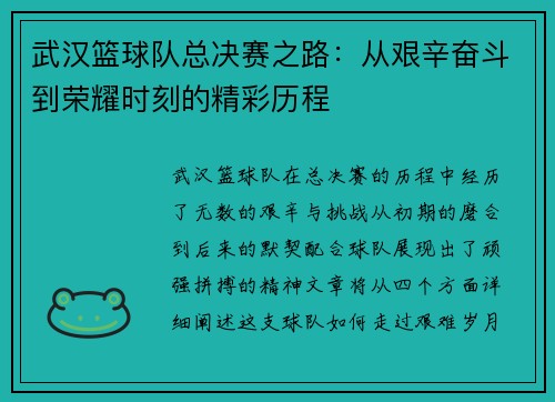 武汉篮球队总决赛之路：从艰辛奋斗到荣耀时刻的精彩历程